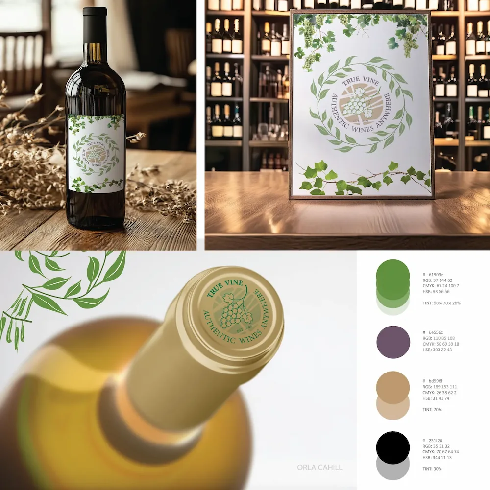True Vine artisan winery brand concept board with heritage vector illustrations